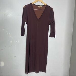 Petit Pois V Neck Knee Length 3/4 Sleeve Mesh Lined Chocolate Brown Dress XL‎